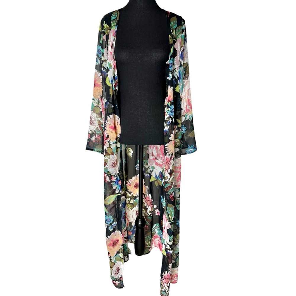 HONEY PUNCH Floral Chiffon Button Down Shirt Dress Kaftan Duster Sheer Sz Small